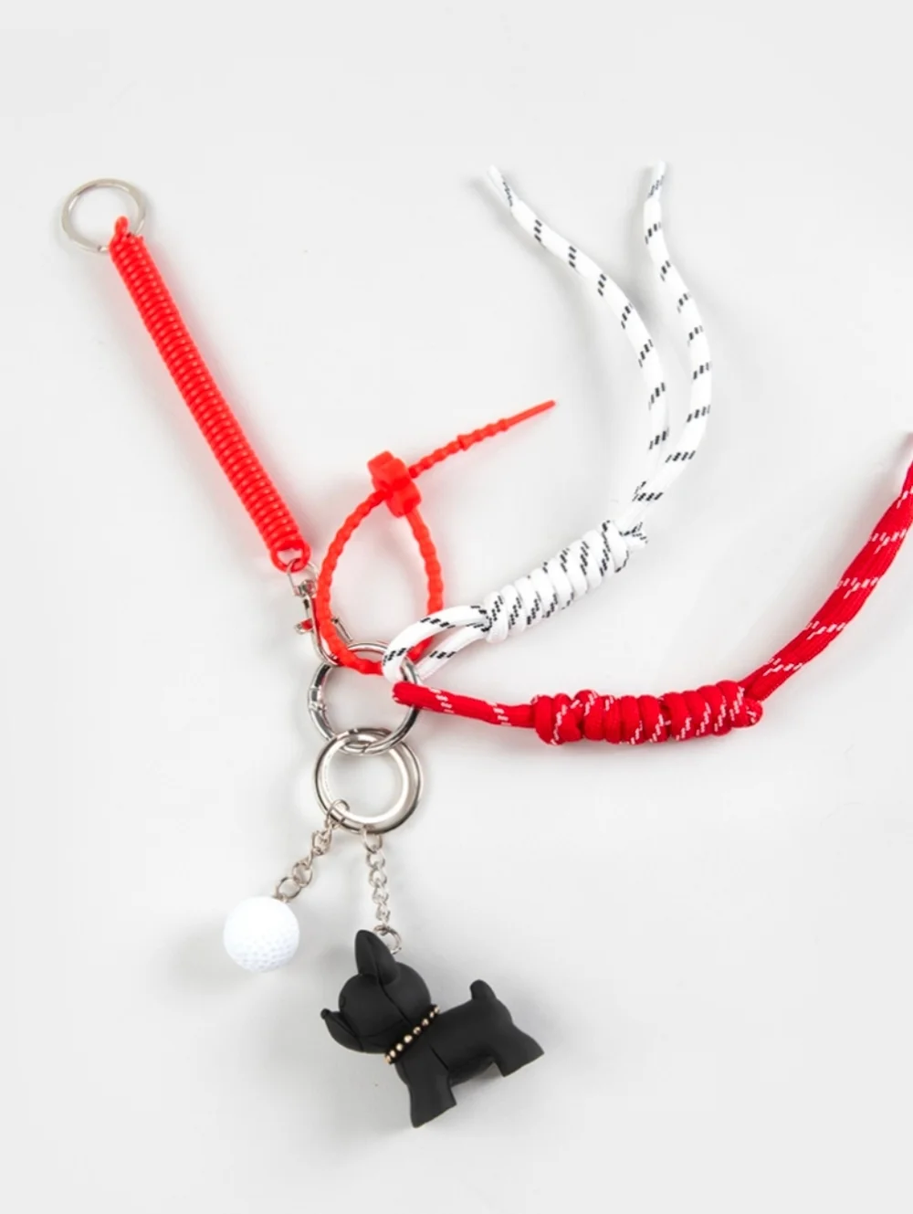 Red & White Rope Keychain with Black Dog Bag Charm